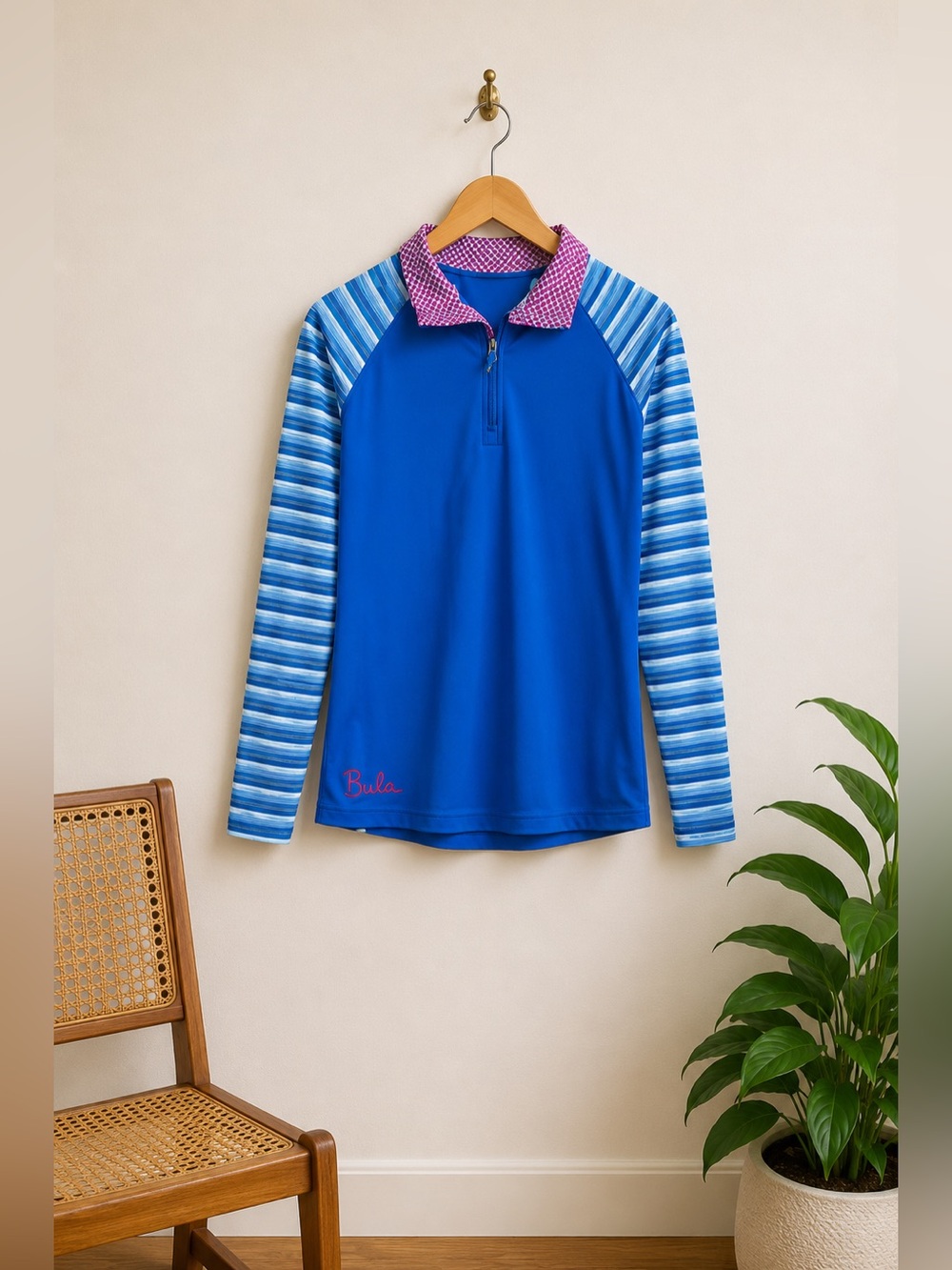 Bula Women's Blue 1/4 Zip Performance Running Shirt Swim Rash Guard Sz XL Bright